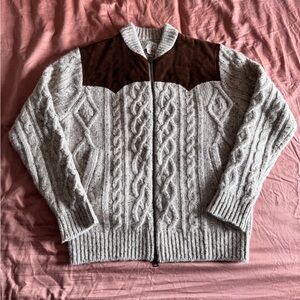 J. Crew Donegal wool cable-knit zip-up sweater with Italian suede • Men’s M